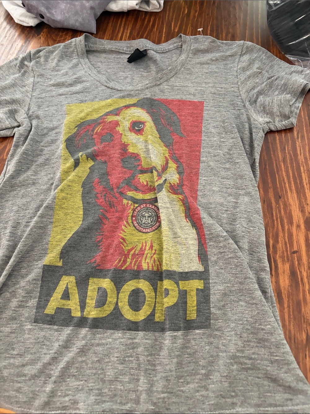 Obey Gray 'Adopt' Dog Graphic Tee with Yellow & Red Accents